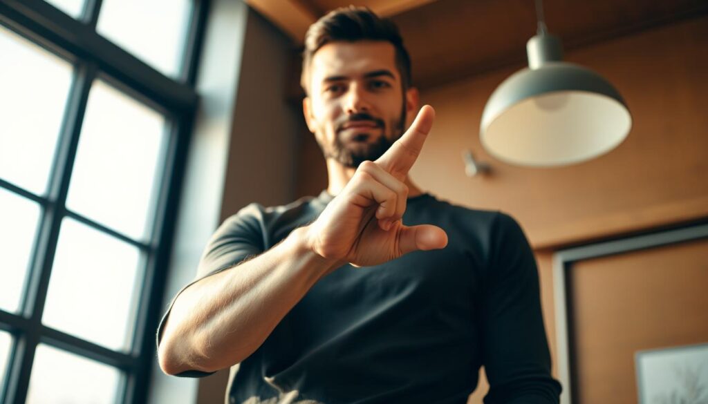 A confident person standing tall, with a decisive expression on their face, firmly gesturing "no" with their hand. The figure is rendered in a warm, natural lighting, captured from a slightly low angle to convey a sense of assertiveness. The background is blurred, drawing the viewer's attention to the central subject, who occupies the foreground. The overall mood is one of determination and self-assurance, reflecting the ability to say no without guilt or hesitation.