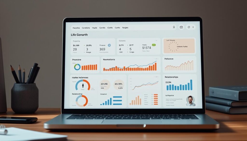 A meticulously crafted personal growth tracking dashboard displayed on a laptop screen. The dashboard features elegant infographics, charts, and data visualizations that illustrate an individual's progress across various life domains, such as career, finance, health, and relationships. The interface is designed with a clean, minimalist aesthetic, utilizing a soothing color palette and intuitive user interactions. Soft, diffused lighting illuminates the scene, creating a contemplative and introspective atmosphere. The laptop is positioned on a wooden desk, surrounded by a few personal items that suggest a thoughtful, organized workspace. The overall composition conveys a sense of intentionality, control, and the user's commitment to their personal development and life framework.