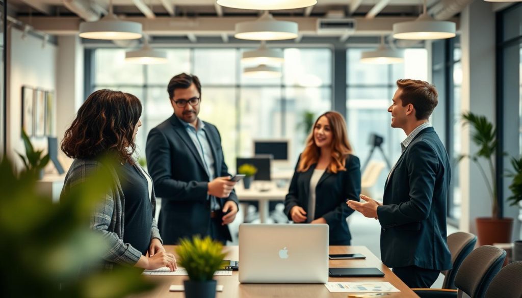 A group of professional office workers collaborating in a bright, modern workspace. The foreground features three colleagues engaged in a lively discussion, their body language and facial expressions conveying a sense of trust, cooperation, and mutual respect. The middle ground showcases a well-appointed office environment with clean lines, neutral tones, and tasteful decor, creating an atmosphere of productivity and influence. The background blurs out, allowing the focus to remain on the interaction between the employees. Soft, diffused lighting from overhead fixtures and large windows casts a warm, inviting glow, and the camera angle is slightly elevated to convey a sense of authority and leadership.