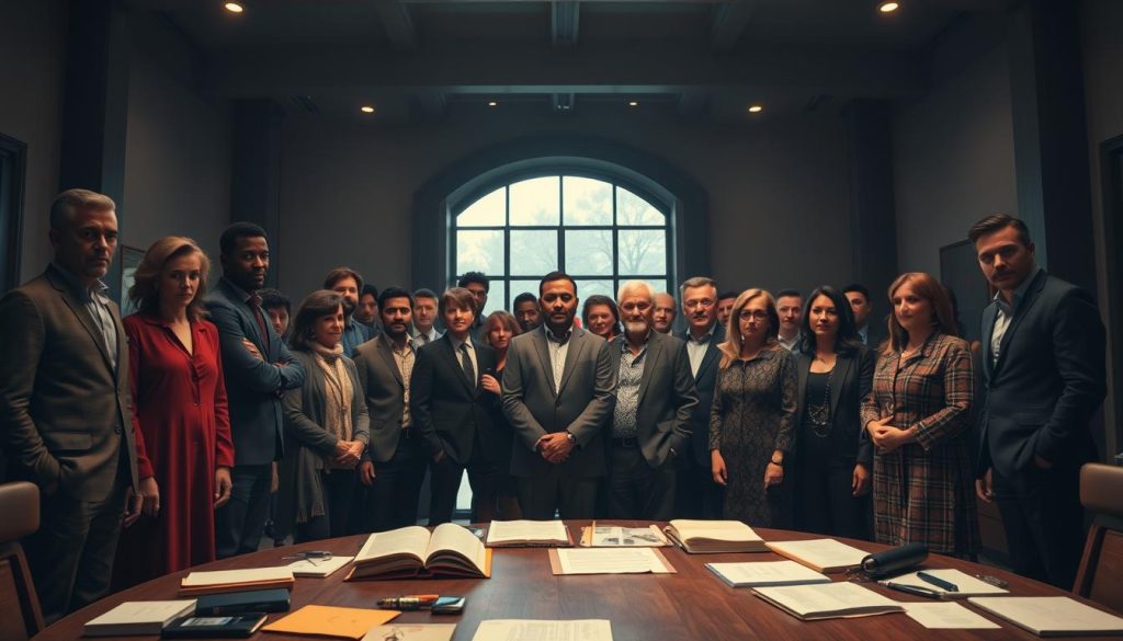 An expansive room, dimly lit with warm tones, showcases a group of influential individuals. In the foreground, a diverse ensemble stands tall, radiating confidence and charisma. Their faces convey a blend of wisdom, empathy, and determination, captured in a realistic, cinematic style. In the middle ground, a curved table holds open books, papers, and various writing implements, hinting at the intellectual discourse and strategic planning that shape their impact. The background features a large window, allowing natural light to filter in, creating a sense of openness and inspiration. The overall atmosphere is one of thoughtful introspection, collaborative exchange, and a palpable aura of influence.